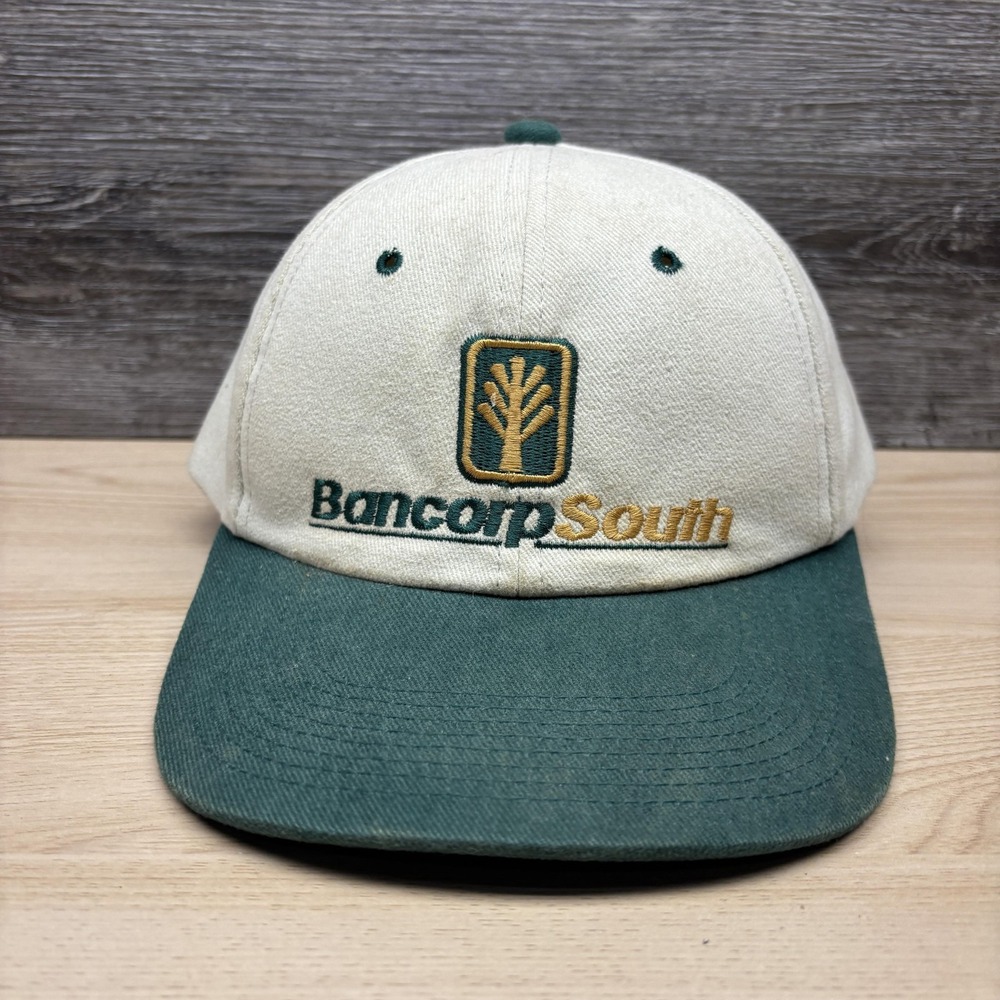 Vintage BancorpSouth Hat Snap Back Green Beige Embroidered Get There From Here